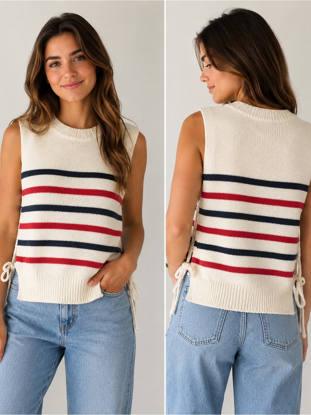 Blue Rain x Francesca’s Side Tie Striped Knit Sweater Vest Small Cream Red Navy